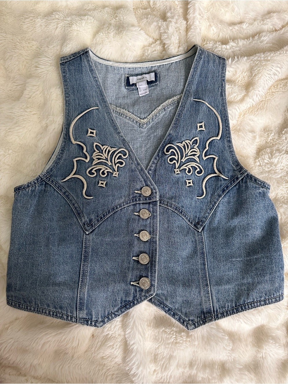 Forever 21 Vintage Embroidered Denim Western Vest | Cowgirl Button Front